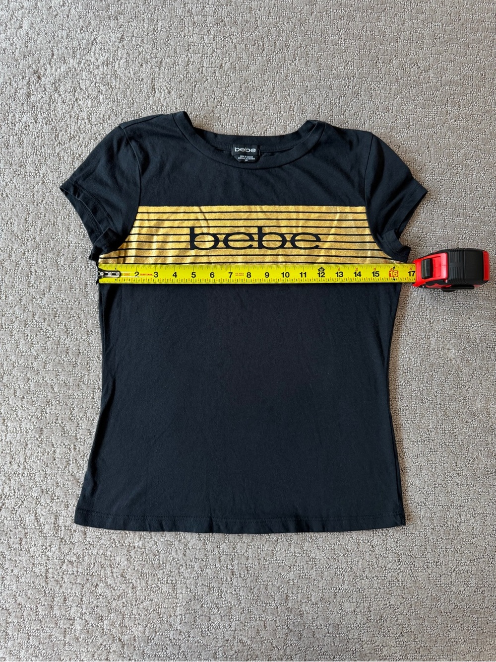 bebe Black Tee with Gold Striped Logo Panel